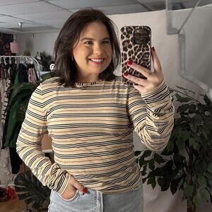 Burberry London Stripe Cotton Knit Long Sleeve Top Tan Size Small